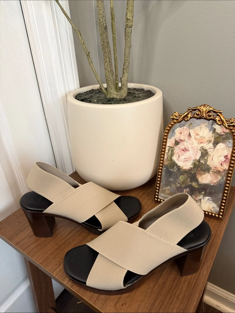 Ron White Rapisardi Beige Stretch Slingback Block Heel Sandals EU 37 Italy